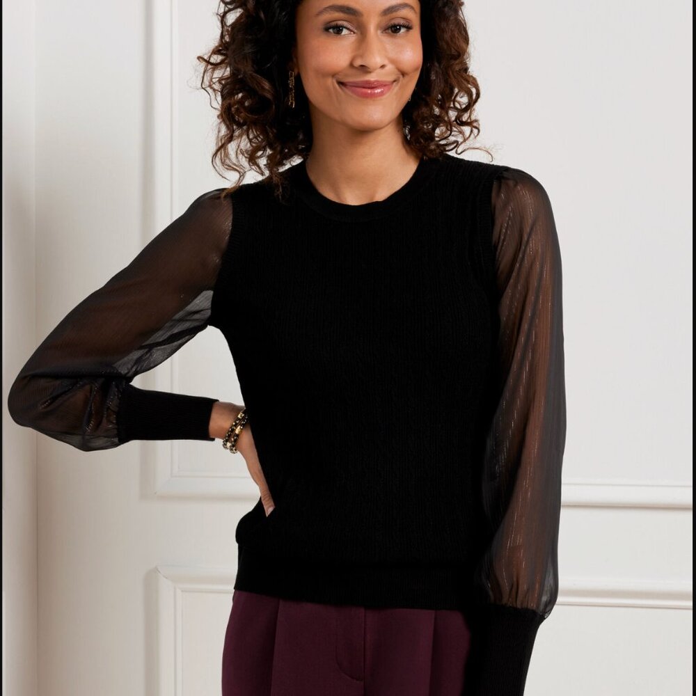 Talbots Womens Sheer Metallic Balloon Sleeve V-Neck Sweater Size L Black Holiday - Picture 2 of 11